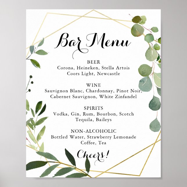 Geometric Gold Tropical Wedding Bar Menu Sign Poster (Framsidan)