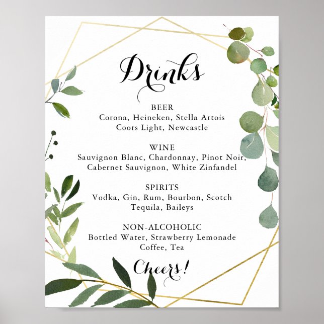 Geometric Gold Tropical Wedding Drinks Menu Sign Poster (Framsidan)