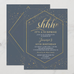Geometric Grått Guld Surprise Birthday-inbjudan Inbjudningar