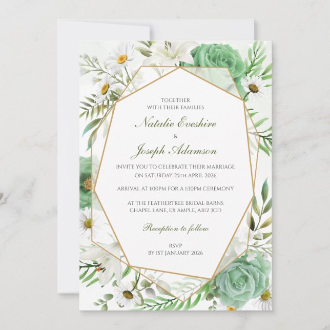 Geometric Green Rose Wedding Invitation Inbjudningar (Framsida)