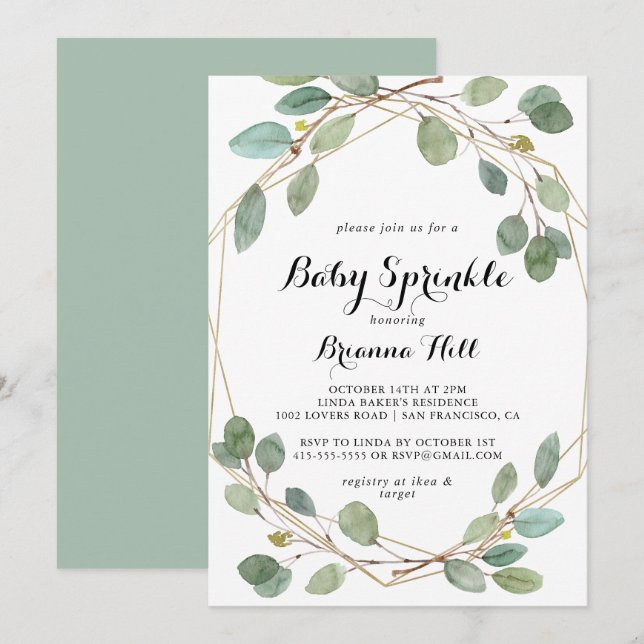 Geometric Greenery Eucalyptus Baby Sprinkle Inbjudningar (Fram/baksida)