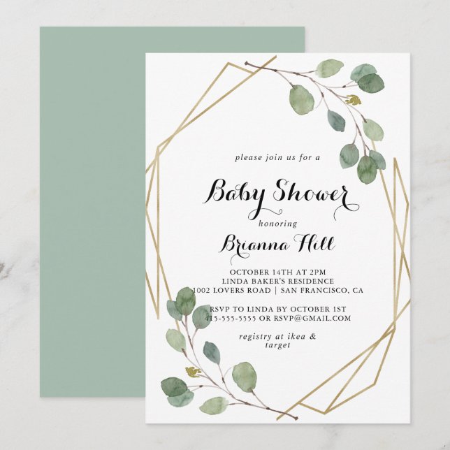 Geometric Greenery Eucalyptus Foliage Baby Shower Inbjudningar (Fram/baksida)
