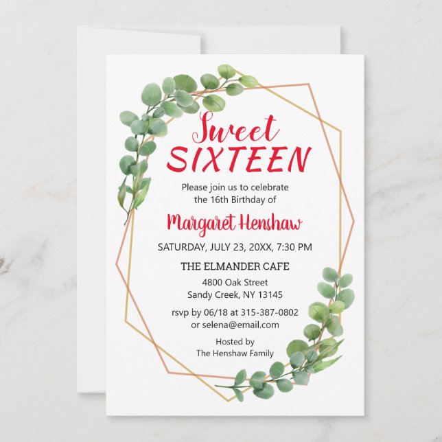 Geometric Greenery Eucalyptus Modern Sweet 16 Inbjudningar (Framsida)