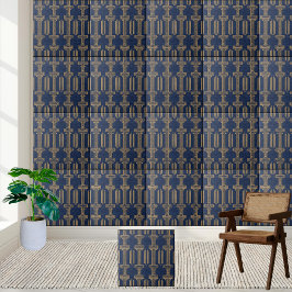 Geometric Grekiska Nyckel Tile in Navy and Guld Kakelplatta