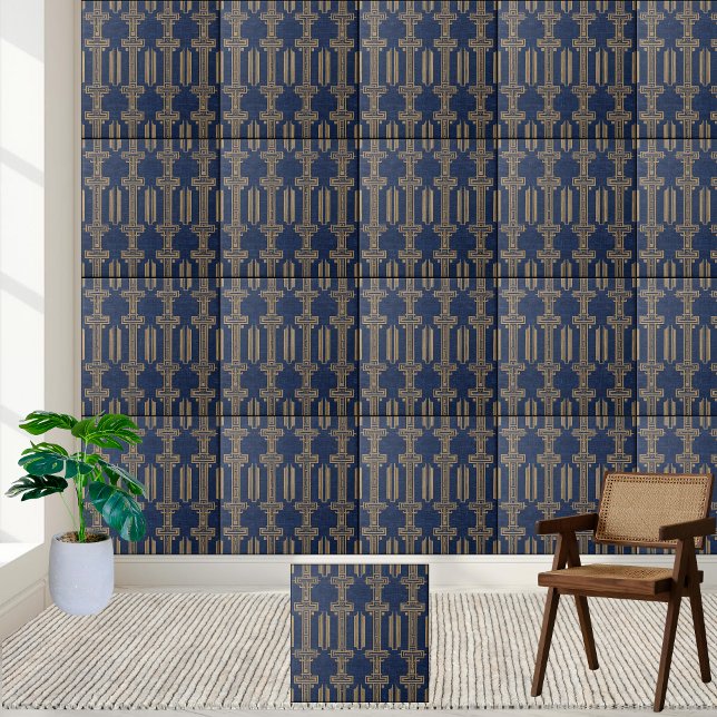 Geometric Grekiska Nyckel Tile in Navy and Guld Kakelplatta (Geometric Greek Key Tile in Navy and Gold)
