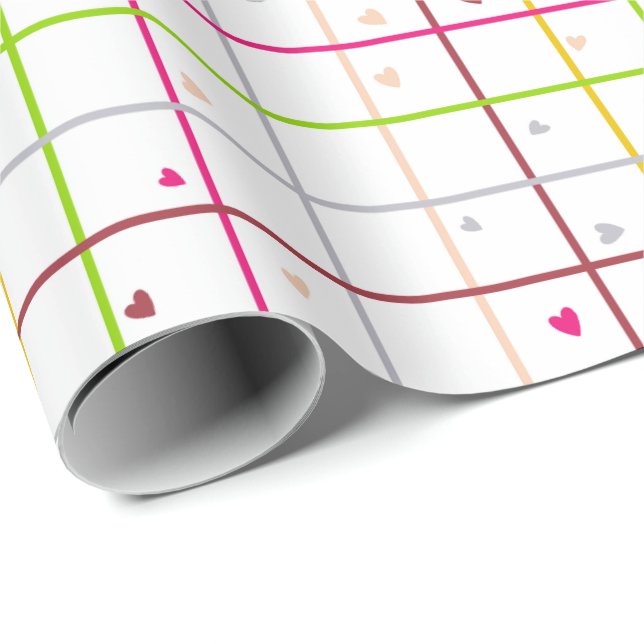 Geometric Grid Pattern with Scattered Hearts Presentpapper (Rullad Hörn)
