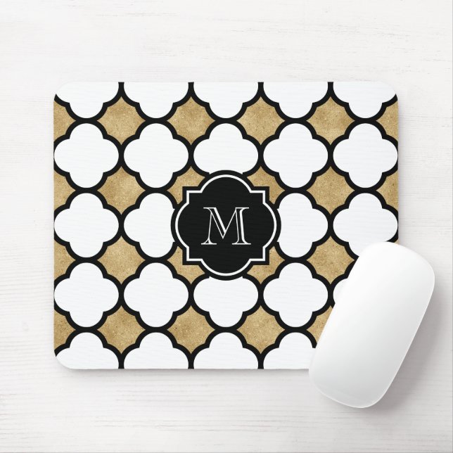 Geometric Guld Black White Quatrefoil Monogram Musmatta (Med mus)
