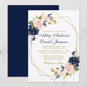 Geometric Guld Blommigt Rosa Blue Bröllop Inbjudningar