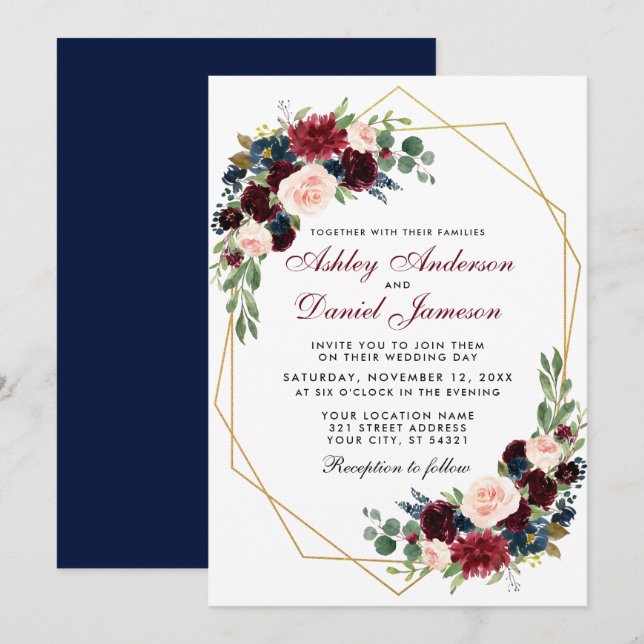 Geometric Guld Blue Burgundy Blommigt Bröllop B Inbjudningar (Fram/baksida)