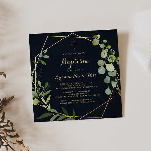 Geometric Guld Blue Grönt Calligraphy Baptism Inbjudningar