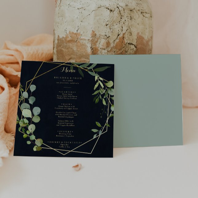 Geometric Guld Blue Grönt Calligraphy-middag Meny (Skapare uppladdad)
