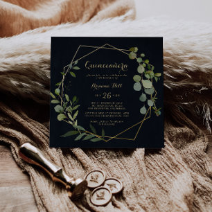 Geometric Guld Blue Grönt Eucalyptus Quinceañera Inbjudningar