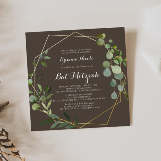 Geometric Guld Brown Grönt Calligraphy Bat mitzvah Inbjudningar (Skapare uppladdad)