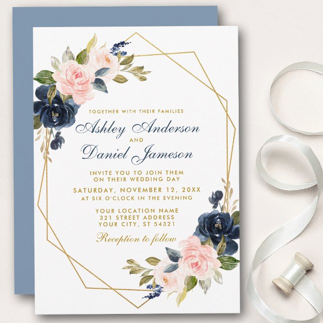 Geometric Guld Dusty Blue Rosa Blommigt Bröllop Inbjudningar (Customize to change text color, text style or color of back of card.)