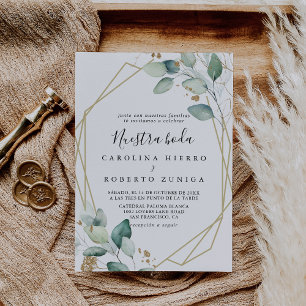 Geometric Guld Eucalyptus Nuestra Boda Bröllop Inbjudningar
