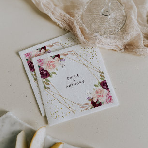 Geometric Guld Glitter Burgundy Blommigt Bröllop Pappersservett