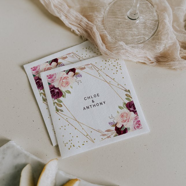 Geometric Guld Glitter Burgundy Blommigt Bröllop Pappersservett (Skapare uppladdad)