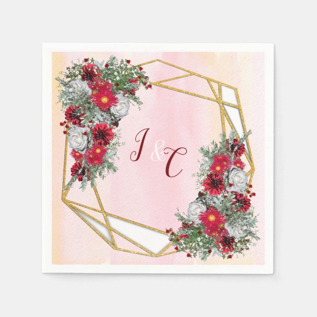 Geometric - Guld Glitter Burgundy Bouquets Pappersservett (Framsidan)