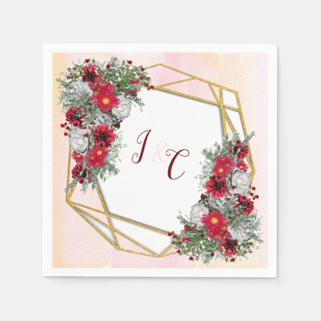 Geometric - Guld Glitter Burgundy Bouquets Pappersservett (Framsidan)