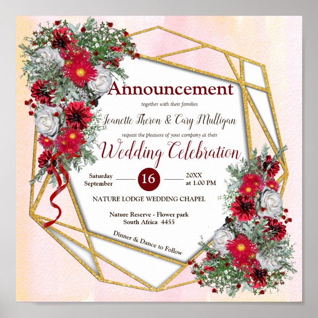 Geometric - Guld Glitter Burgundy Bouquets Poster (Framsidan)