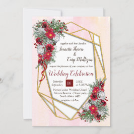 Geometric Guld Glitter Burgundy Flowers Inbjudningar