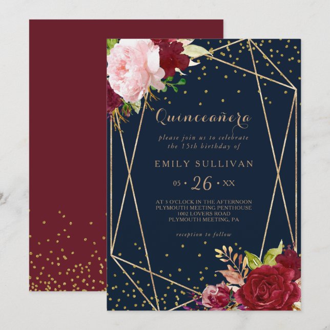 Geometric Guld Glitter Red Quinceañera Inbjudningar (Fram/baksida)