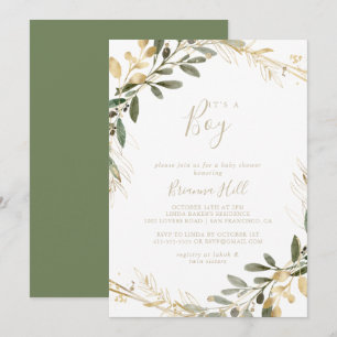 Geometric Guld Greenery Det är en pojkvän-babyskor Inbjudningar