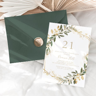 Geometric Guld Greenery Fall 21:a födelsedagen Par Inbjudningar