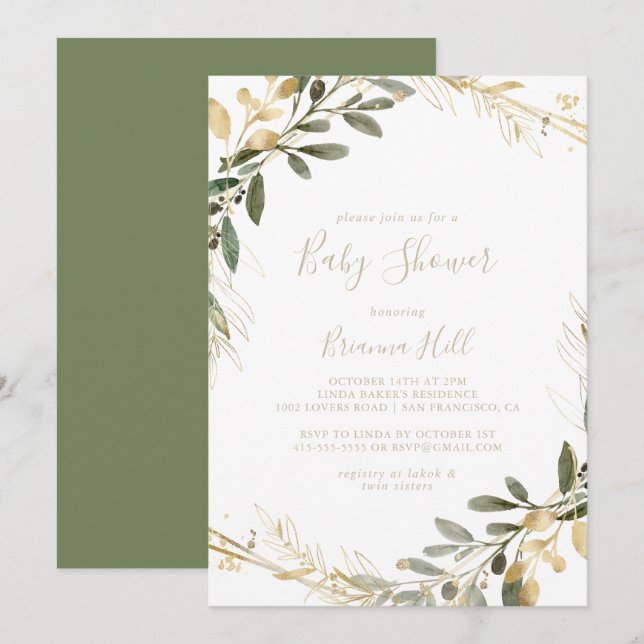 Geometric Guld Greenery Fall Baby Shower Inbjudningar (Fram/baksida)