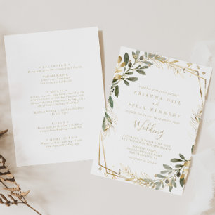 Geometric Guld Greenery Fall Front & Back Bröllop Inbjudningar