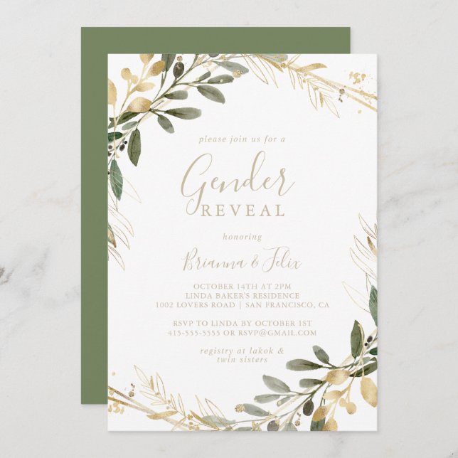 Geometric Guld Greenery Fall Gender Reveal Party Inbjudningar (Fram/baksida)