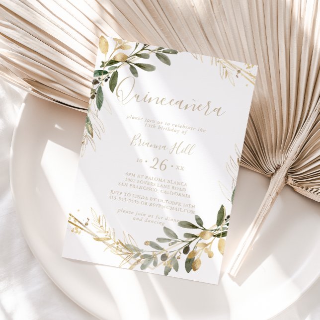 Geometric Guld Greenery Fall Quinceañera Inbjudningar (Skapare uppladdad)