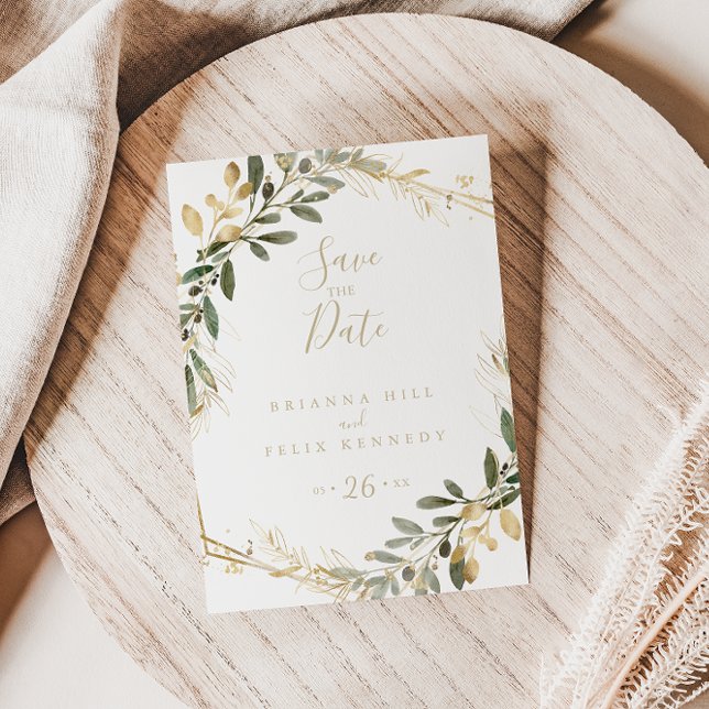 Geometric Guld Greenery sparar inte datumet Vykort (Skapare uppladdad)