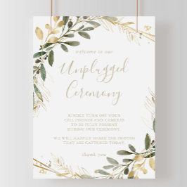 Geometric Guld Greenery Unplugged Ceremony-tecken Poster