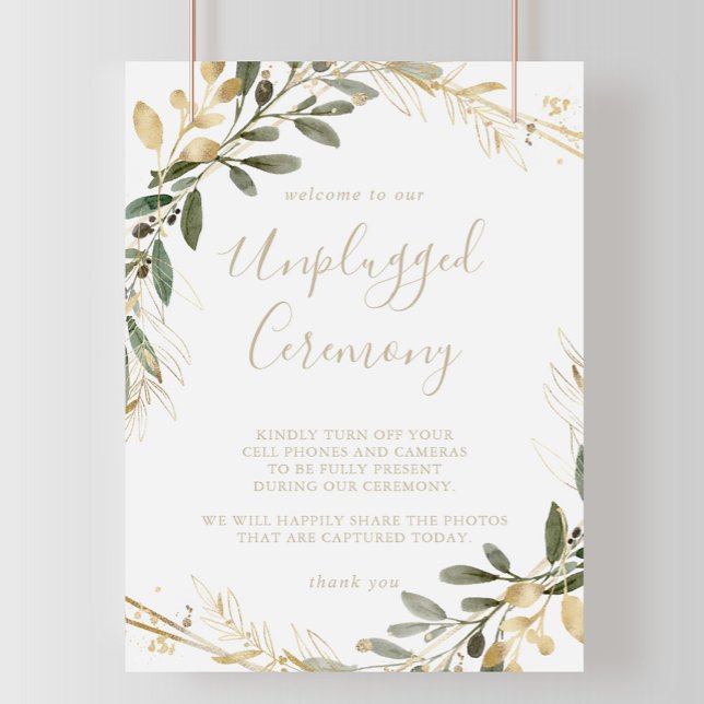 Geometric Guld Greenery Unplugged Ceremony-tecken Poster (Skapare uppladdad)