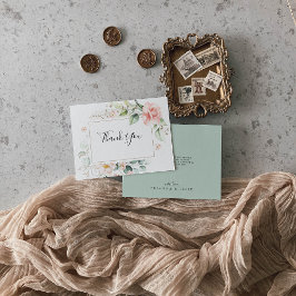 Geometric Guld Grönt Foliage Blommigt Flat Bröllop Tack Kort