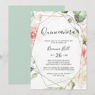 Geometric Guld Grönt Foliage Blommigt Quinceañera Inbjudningar