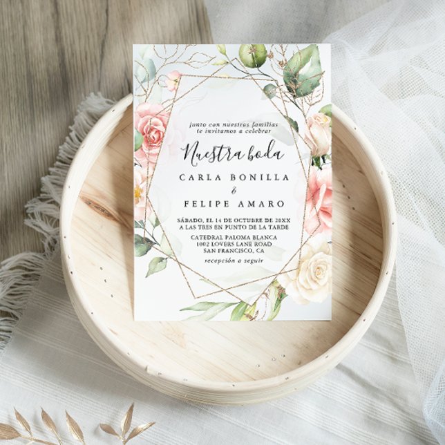 Geometric Guld Grönt Foliage Nuestra Boda Bröllop Inbjudningar (Skapare uppladdad)