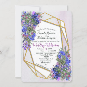Geometric Guld & Lavender Flowers Bröllop Inbjudningar