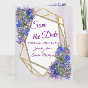 Geometric Guld & Lavender Flowers Spara datum Kort