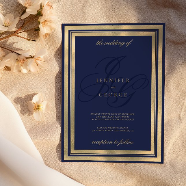 Geometric guld marinblått monogram bröllop inbjudningar (Geometric gold navy blue monogram initals wedding)