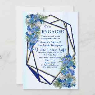 Geometric Guld-Navy ramar & Blåa blommor Inbjudningar