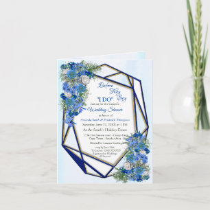 Geometric Guld-Navy ramar & blåa blommor par Inbjudan