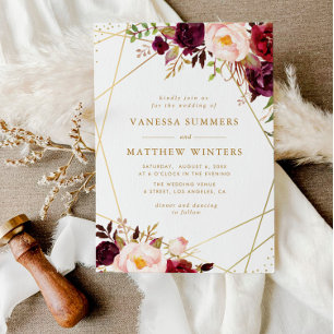 Geometric guld ram burgundy blommigt bröllop inbjudningar