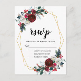 Geometric Guld Ram Burgundy Winter Flowers Inbjudan Vykort