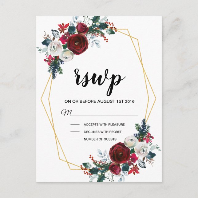 Geometric Guld Ram Burgundy Winter Flowers Inbjudan Vykort (Framsida)