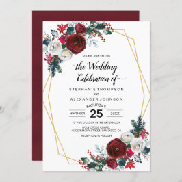 Geometric Guld Ram Burgundy Winter Flowers Inbjudningar
