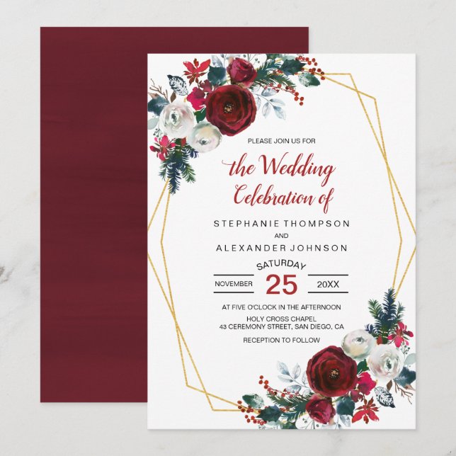 Geometric Guld Ram Burgundy Winter Flowers Inbjudningar (Fram/baksida)