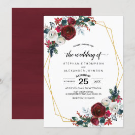 Geometric Guld Ram Burgundy Winter Flowers Inbjudningar