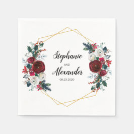 Geometric Guld Ram Burgundy Winter Flowers Pappersservett